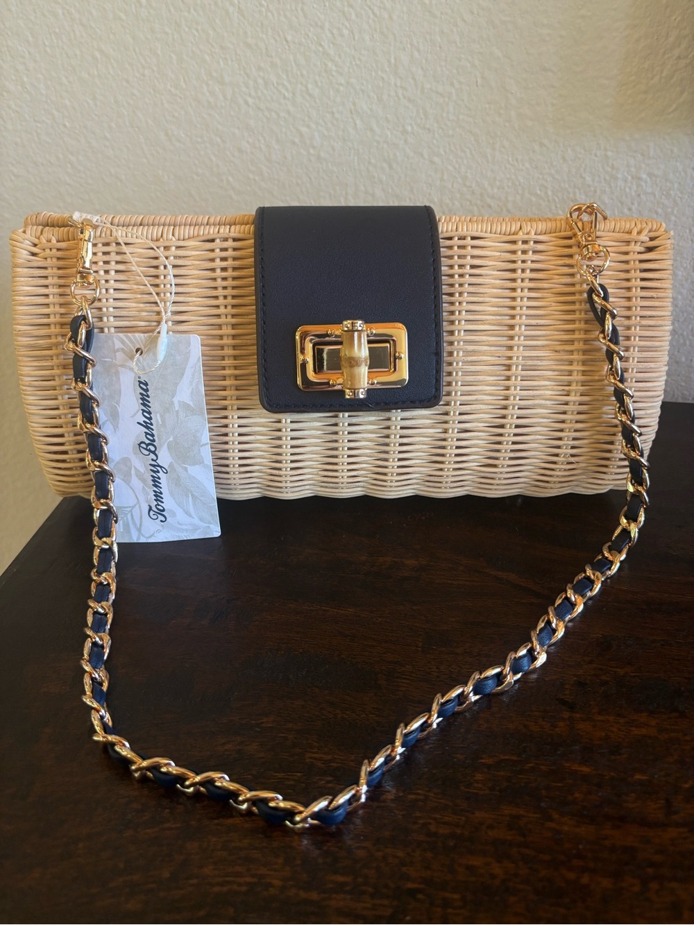 Tommy Bahama Natural Straw Crossbody with navy  Flap & Gold Chain